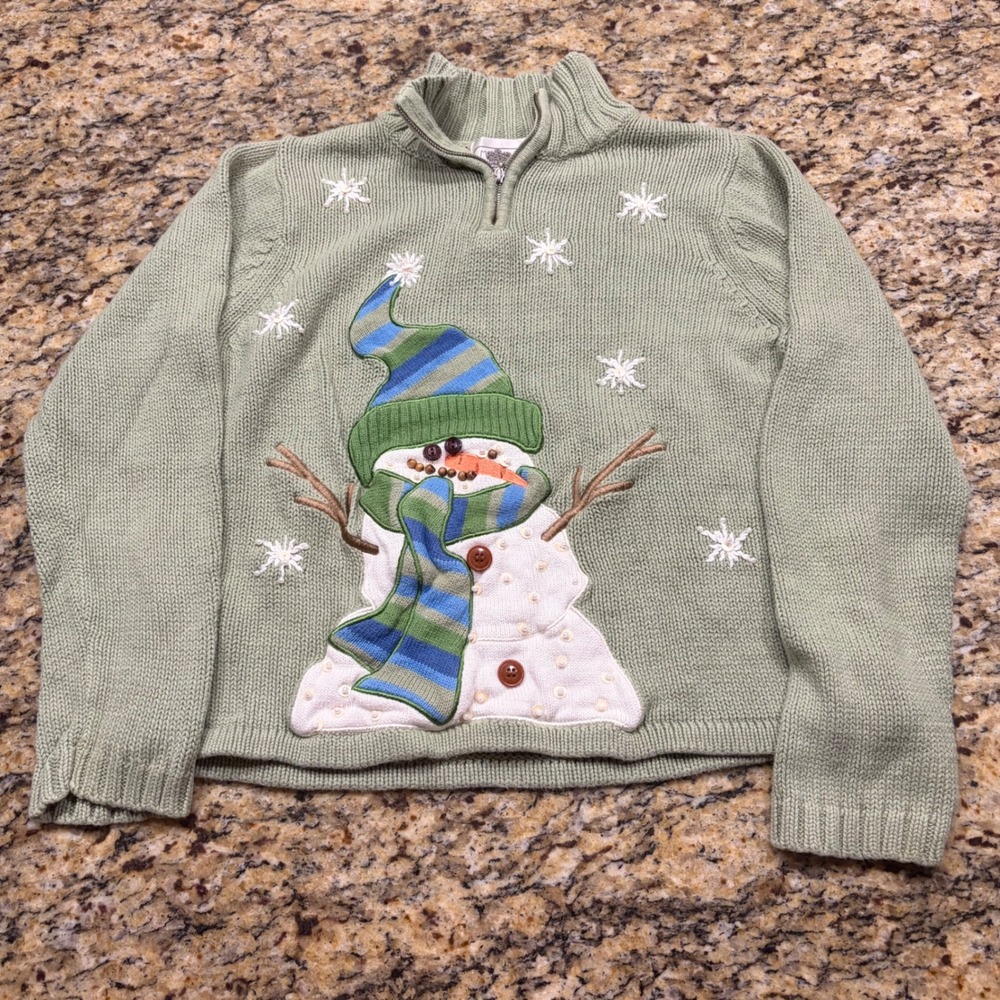 Mandal Bay Snowman Quarter Zip Sweater Sage Green Christmas Holiday Womens Small